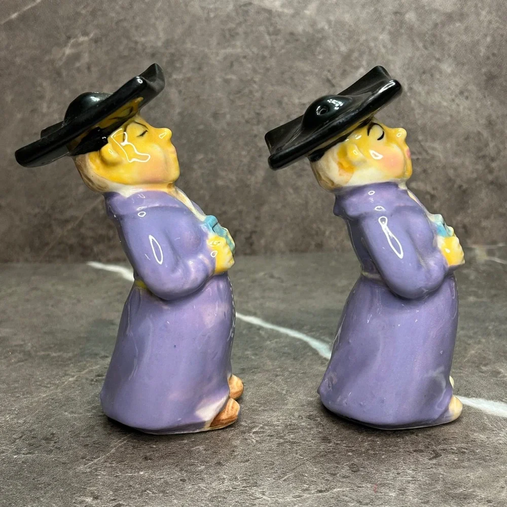 Vintage Japan Ceramic Monk Salt and Pepper Shakers Purple H9079 Mid Century Set